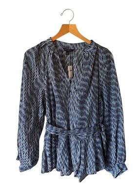 Banana Republic Blue Blouse XL Belted Long Sleeve Cotton Tiered Ruffle Hem NWT